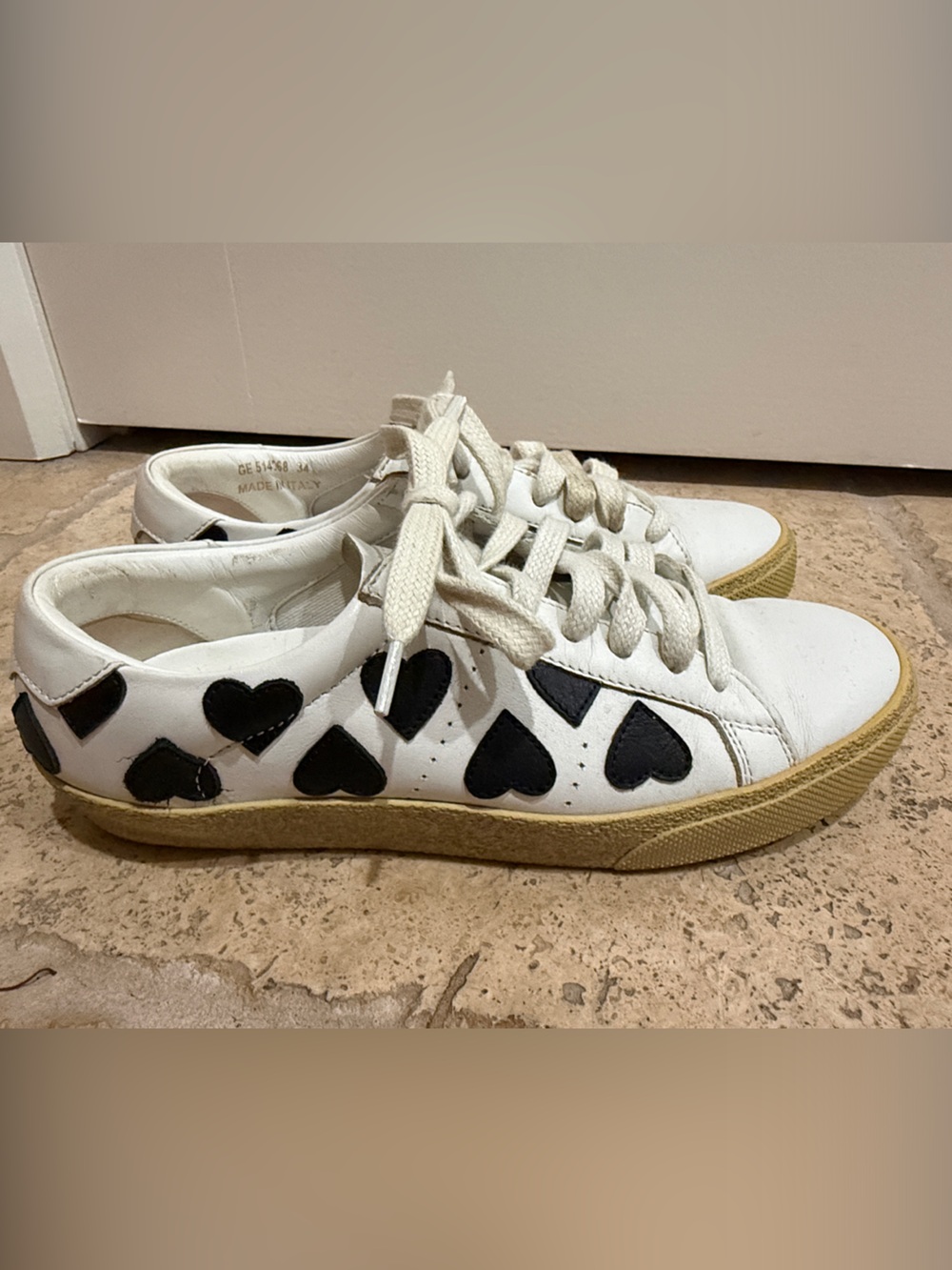 Saint Laurent White Leather Sneakers with Black Heart Appliqués